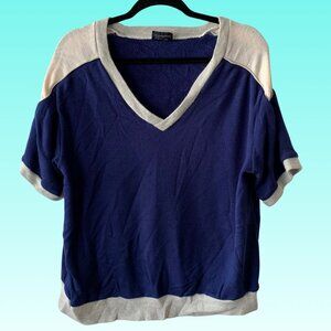 Vintage 80s–90s V.I.P. Color Block V-Neck Sweater White Gray Navy Acrylic L